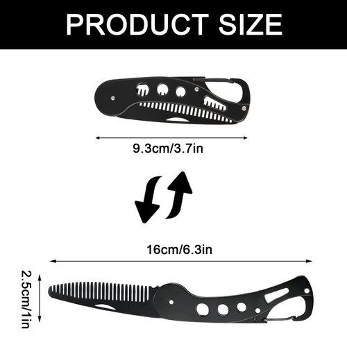 YUERWOVER Mustache Folding Comb for Men Stainless Steel Metal Pocket Beard Comb Moustache Brush Straightener Women Small Travel Comb for Grooming Styling Hair Beard (Black)