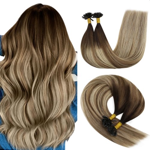 YoungSee U Tip Hair Extensions Human Hair Balayage Dark Brown Ombre Light Brown and Light Blonde U Tips Human Hair Extensions Ombre U Tip Keratin Hair Extensions Human Hair 16In 1G/S 50G