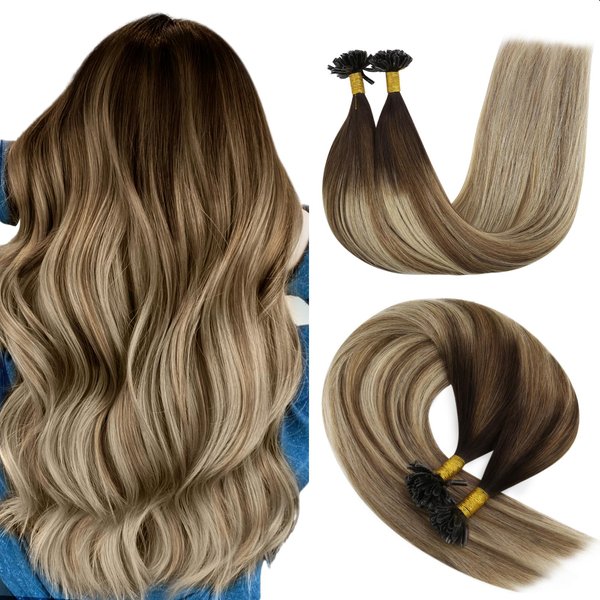 YoungSee U Tip Hair Extensions Human Hair Balayage Dark Brown Ombre Light Brown and Light Blonde U Tips Human Hair Extensions Ombre U Tip Keratin Hair Extensions Human Hair 16In 1G/S 50G