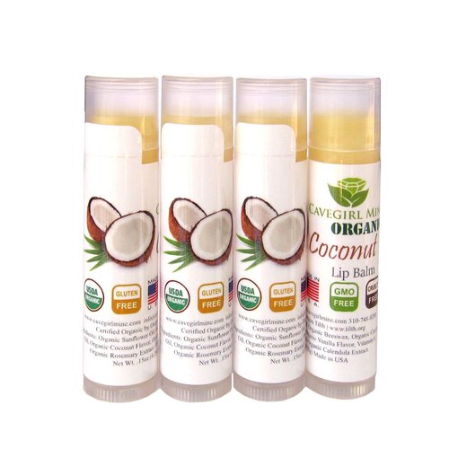 4-Pack Certified USDA Organic Lip Balm. CAVEGIRL Mine - Organic Coconut Flavor. Made in USA. Paraben Free. GMO Free. Everyday use. Gluten Free. Deeply Moisturizes & Softens Chapped Dry Lips.
