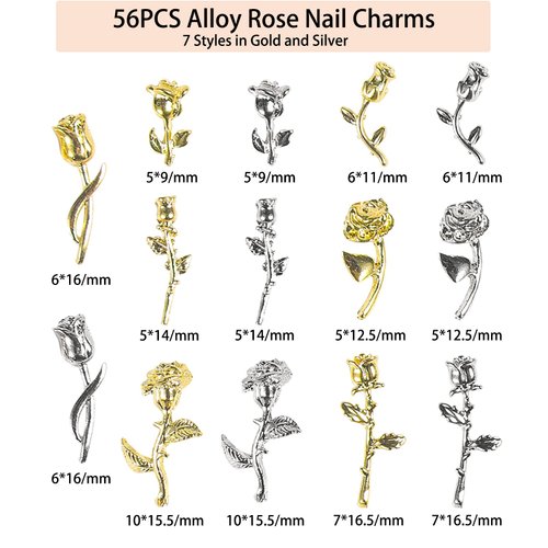 QXUJI 3D Rose Nail Art Charms, Flowers Rose Buds Nail Art Accessories Decoration, Metal Alloy Nail Art Decals, for Girls Women DIY Nail Design Craft Jewelry Making, Gold and Silver, 7 Styles