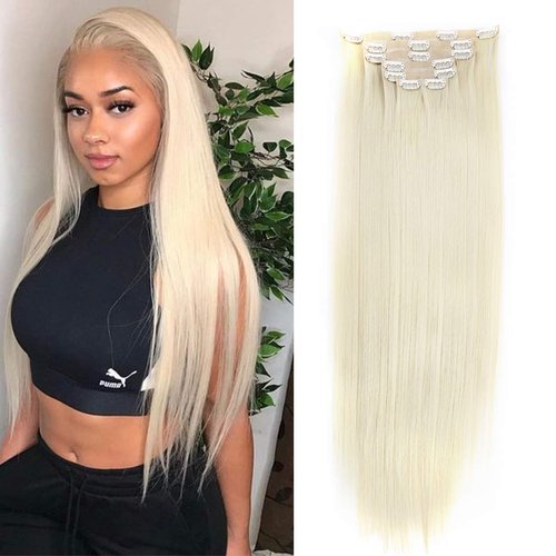 BHF Seamless Clip in Hair Extensions 24 inch Silky Straight Synthetic hair PU Clip in Extensions ...