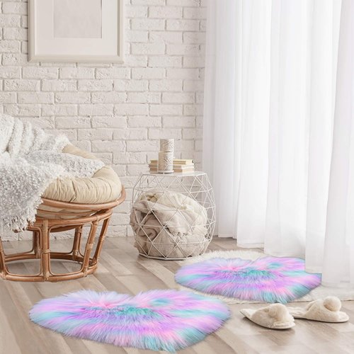 Mudder 2 Pieces Heart Shaped Rug Fluffy Faux Area Rug Bushy Room Carpet for Home Living Room Sofa Floor Bedroom, 12 x 16 Inch(Pink, Purple, Green)