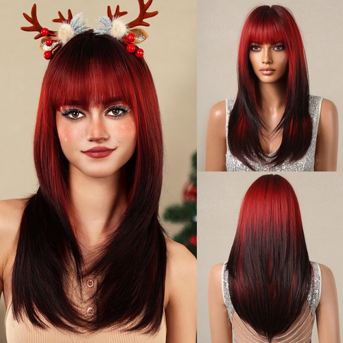 testar Ombre Red Black Wigs for Black Women Long Straight Wigs With Bangs Cosplay Wigs Natural Looking Synthetic Wig Heat Resistant Layered Wigs Female Girls Daily Use