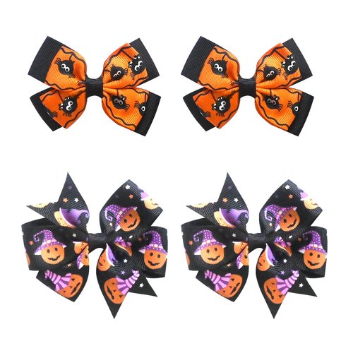 4 PCS Halloween Hair Clips Bows for Girls Halloween Spider Cat Hair Clips Orange Purple Grosgrain Ribbon Bows Halloween Cat Glitter Hair Accessories for Halloween Party Decoration Supplies