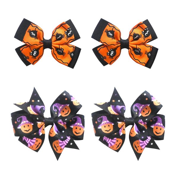 4 PCS Halloween Hair Clips Bows for Girls Halloween Spider Cat Hair Clips Orange Purple Grosgrain Ribbon Bows Halloween Cat Glitter Hair Accessories for Halloween Party Decoration Supplies