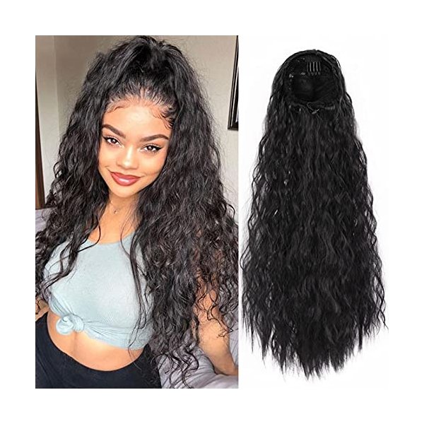 olacare 24inch Long Corn Curly Wave Drawstring Ponytail Synthetic High Puff Ponytail Hair Pieces With Comb Clip in Black Wavy Ponytail Clip in Hair Extensions Curly Ponytail Extension drawstring ponytail extension