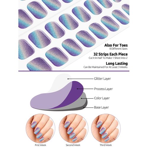 EBANKU 32PCS Cured Gel Nail Strips Real Nail Polish Strips Wraps Long-Lasting Waterproof Gel Nail Polish Wraps Full Wrap Gel Nail Art Stickers UV/LED Lamp Required (Cateye Blue)
