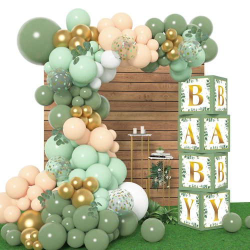 Amandir 143Pcs Baby Boxes Sage Green Baby Shower Decorations, Olive Green Balloon Garland Kit 4 Baby Blocks Gold Letter for Gender Neutral Boy Girl Safari Jungle Birthday Baptism Party Supplies