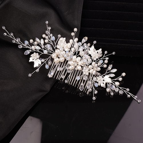 Teyglen Women Dainty Silver Crystal Flower Pearls Hair Comb Rhinestone Wedding Hair Comb Headband Hair Pieces Bridal Rhinestone Headpieces for Women Bride (Silver)