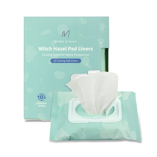 Mama & Wish Witch Hazel Pad Liners for Postpartum Care (24 Count) | Full-Length Cooling Perineal Pads Liner | Postpartum Essentials | Ice Pads Postpartum Liner - Witch Hazel Pads for Postpartum Care
