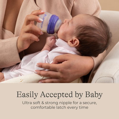 Lansinoh Anti-Colic Baby Bottles for Breastfeeding Babies, 2 Ounces, 2 Count, with 2 Extra Slow Newborn Flow Nipples, Size XS