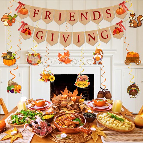 Friendsgiving Decorations, Thanksgiving Decorations, Friendsgiving Banner Sign Thanksgiving Banner with 12pcs Hanging Swirls Bows Fall Decorations for Home Indoor Outdoor Friendsgiving Party Favors
