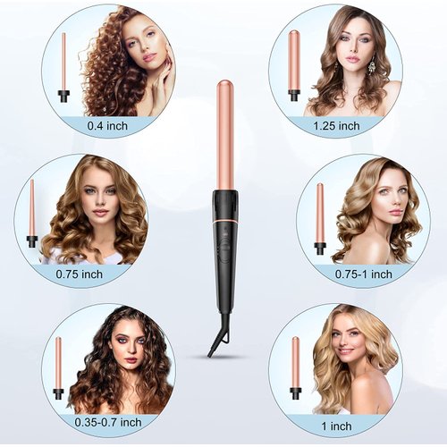 Long Barrel Curling Iron Wand Set, BESTOPE PRO 6 in 1 Curling Wand Set with Ceramic Barrel for Long/Medium Hair, 0.35"-1.25" Interchangeable Hair Wand Curler, Dual Voltage, Include Glove & Clips