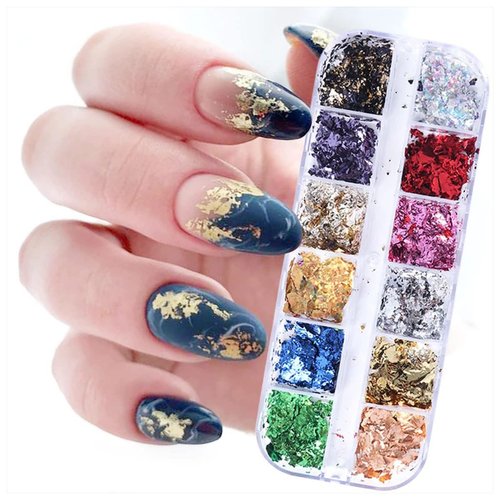12 Colors Holographic Nail Glitter Foils Iridescent Sequins Sparkly Ultra-Thin Aluminum Foil Nail Art Flakes Design Laser Nail Sequin Designer Nail Art Supplies for Women DIY Manicure Charm Decoration