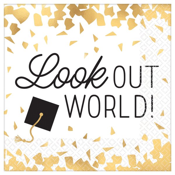 amscan Graduation Party Beverage Napkins, Look Our World, White with Black and Gold Print, 16 count