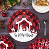 Whaline 100Pcs Christmas Tableware Set Jesus Holy Night Disposable Paper Plates Napkins Cups Xmas Religious Red Black Buffalo Plaid Dinnerware Set Serves Guests for Christmas Baptism Party Supplies