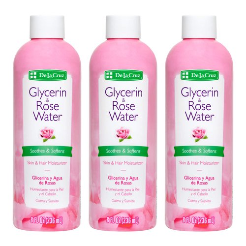 De La Cruz Rose Water and Glycerin for Face - Rosewater Facial Toner and Moisturizer for Skin and Hair 8 fl oz (236 mL) - 3 Bottles
