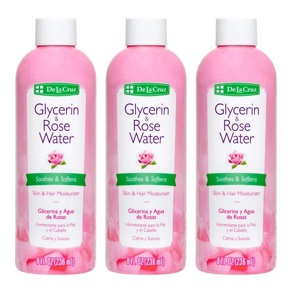De La Cruz Rose Water and Glycerin for Face - Rosewater Facial Toner and Moisturizer for Skin and Hair 8 fl oz (236 mL) - 3 Bottles