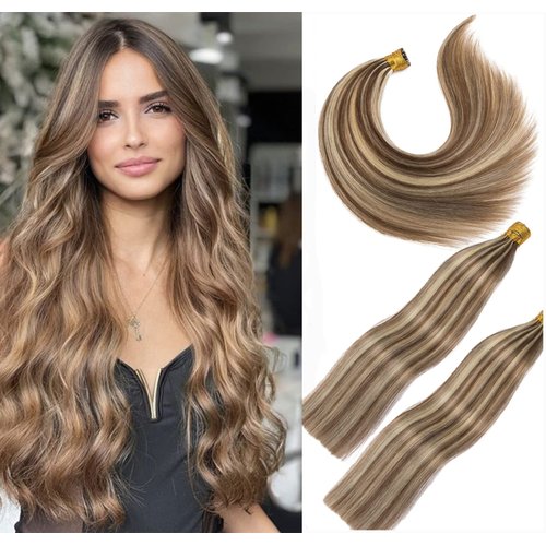 Highlight Blonde I Tip Hair Extensions Human Hair, 20Inch Ombre Blonde Itip Hair Extensions Medium Brown/Dark Blonde 4P27 Keratin Fusion Stick Microlink Hair Extensions For Women 50Strands/50G