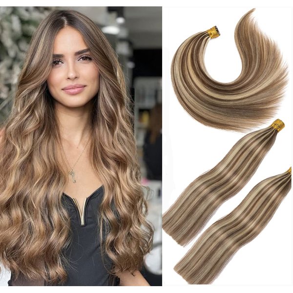 Highlight Blonde I Tip Hair Extensions Human Hair, 20Inch Ombre Blonde Itip Hair Extensions Medium Brown/Dark Blonde 4P27 Keratin Fusion Stick Microlink Hair Extensions For Women 50Strands/50G