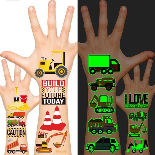 EMOME Glow + Metallic Temporary Tattoos for kids, Waterproof Pre-cut Tattoo Stickers, Birthday Girl Boy Party Favors Supplies Accessories (Construction)