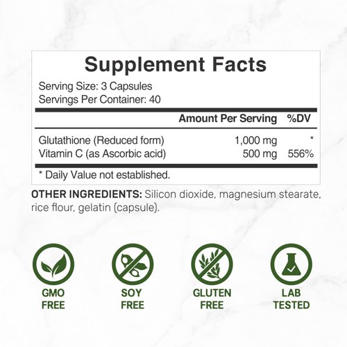Glutathione Supplement 1,000mg Per Serving, 98% Purity | Plus Vitamin C 500mg, Active Reduced Form (GSH) | Intracellular Antioxidant – Supports Detoxification & Immune Health