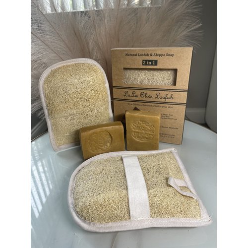 Authentic Aleppo Soap Bar with Loofah Plant-Base All-Natural Vegan Organic 86% Olive Oil and Laurel Oil Bar Soap for Body, Face, Hands, Bath and Hair