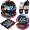 durony 100 Pieces Neon Glow Party Supplies Glow In Dark Tableware Set Includes Paper Plates, Cups, Napkins, Neon Birthday Party Decorations Glow In Dark Party Supplies, Serve 25 Guests