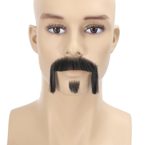 Adytom Mens 100% Human Hair Hand Knotted Lace Invisible Halloween Costume Beard Realistic False Facial Hair Goatee Mustache (Black)