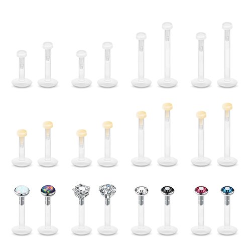 PiercingArt 24Pcs Bioflex Clear Lip Labret Rings Plastic Medusa Monroe Piercing Studs Plastic Flat Back Skintone Retainers Push Fit Jewelry for Ashelry Helix 6mm 8mm 10mm 12mm for Work 16G