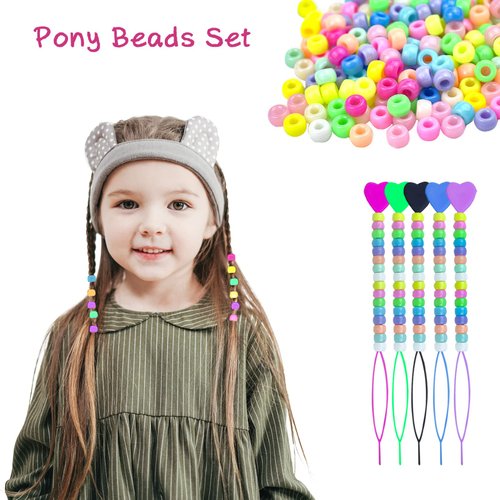 1008 Pcs Hair Beads Set with Hair Styling Tool, 500Pcs Pony Beads, 500Pcs Small Elastic Rubber Bands, 1Pcs Rattail Comb, 2Pcs Duckbill Clips, 5Pcs Quick Beaders for Kids and Girls Hair Braids