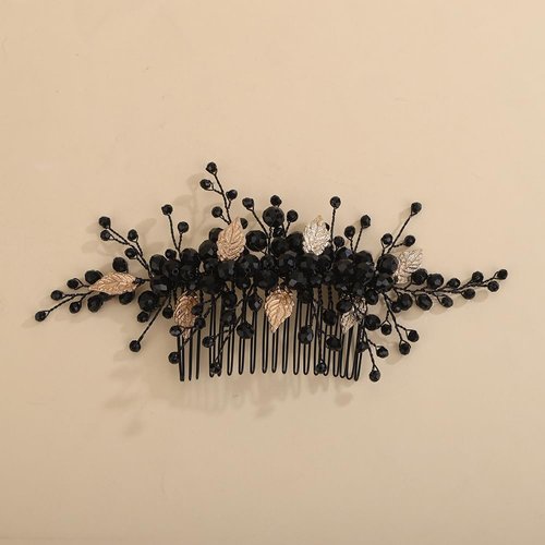 Teyglen Gold Leaf Headpiece Bridal Black Crystal Hair Comb Black Rhinestone Wedding Hair Comb Festival Hair Accessories for Women Halloween Party Prom