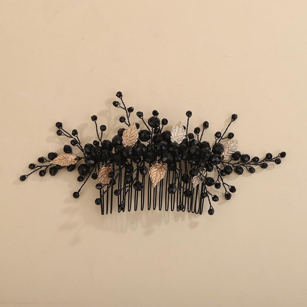 Teyglen Gold Leaf Headpiece Bridal Black Crystal Hair Comb Black Rhinestone Wedding Hair Comb Festival Hair Accessories for Women Halloween Party Prom