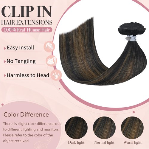 HUAYI Clip in Human Hair Extensions Ombre Natural Black to Chestnut Brown Highlight Black 120g Thicken Double Weft Brazilian Hair Full Head Silky Straight 14 Inch(14in 7pcs 120g)