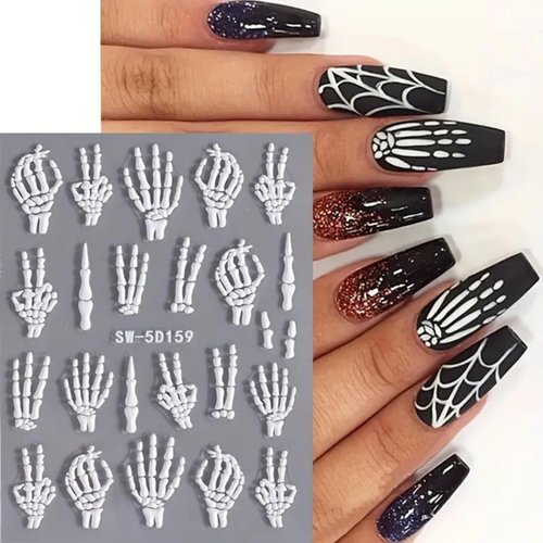 Halloween Nail Art Stickers Decals 5D Embossed Skeleton Nail Decals 2PCS White Hand Bones Halloween Design Nail Sliders Self-Adhesive Nail Art Supplies for Women Girls DIY Nail Art Decoration