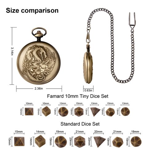 Famard 10mm Tiny DND Dice Set with Vintage Pocket Watch Shell Case, Polyhedral Metal D&D Dice Set for Dungeons and Dragons, RPG MTG Game,Role Playing Board Games