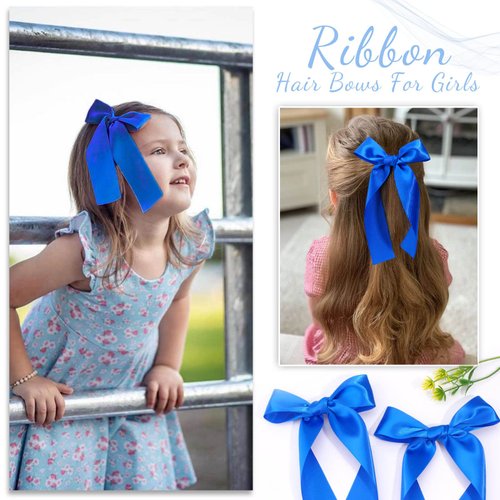 2Pcs Long Ribbon Hair Bows for Girls Hair Clip Silk Hair Bow Ribbon Hair Accessories for Baby Toddlers Infant Teens Kids (Blue)