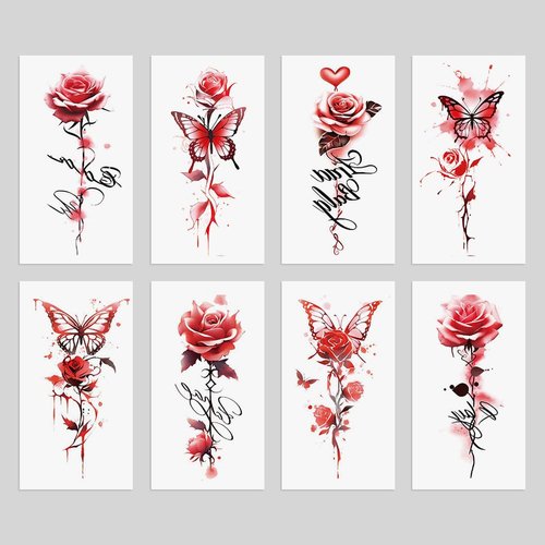 Oottati 8 Sheets Arm Waterproof Temporary Tattoos Red Flower Butterfly Rose Heart