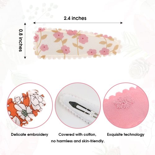 JIAHANG 20 Pcs Baby Girls Floral Print Hair Clips in Pair, Non Slip Hairpins Cotton Snap Hair Barrettes Thin Thick Hair Accessories for Toddlers Kids(color A)