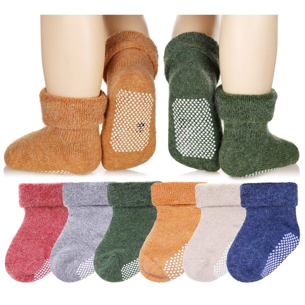 Eyean Baby Wool Grip Sock Soft Winter Warm Thick Non Slip Toddler Boy Girls Crew Socks For Children 6 Pairs (Solid Color, 1-3 Years)