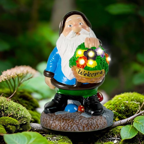X Hot Popcorn Garden Gnomes Statue Indoor Outdoor Decor Solar Gnome Figurine with LED Lighted Flowers Resin Blue Gnomes Sculpture Birthday Gifts for Women Gnomes Decorations for Yard Garden Lawn