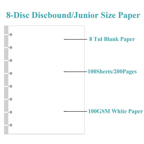 Junior Size Blank Refill Paper, A5 8-Disc Discbound Blank Filler Paper, 100Sheets / 200Pages Blank Paper, 100gsm White Paper, 5.8 x 8.3 in