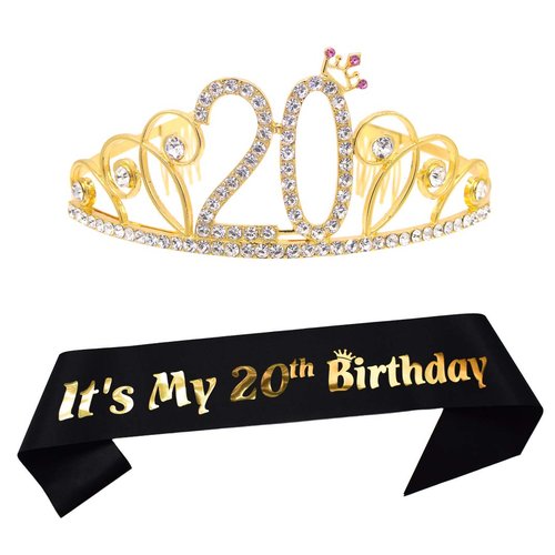 Dgasin 20th Birthday Tiara and Sash Happy 20th Birthday Party Supplies 20th Birthday Glitter Satin Sash and Crystal Tiara Princess Birthday Crown for Girls 20th Birthday Party Decorations