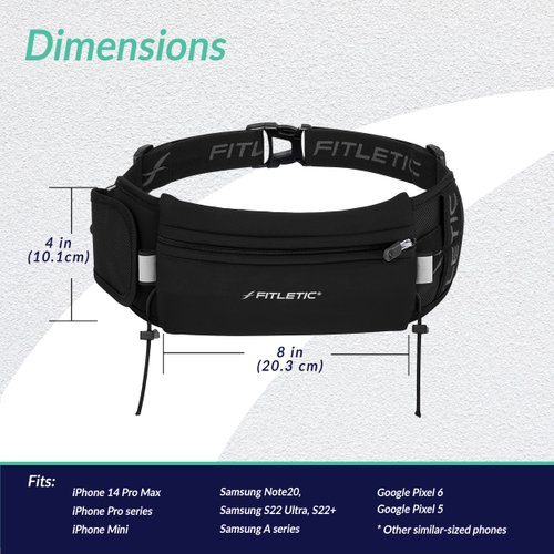 Fitletic Running Belt with Side Pocket, Loops for Energy Gels, Race Bib Number Holder. Waist Pack Water Resistant Phone Holder. Model Ultimate II