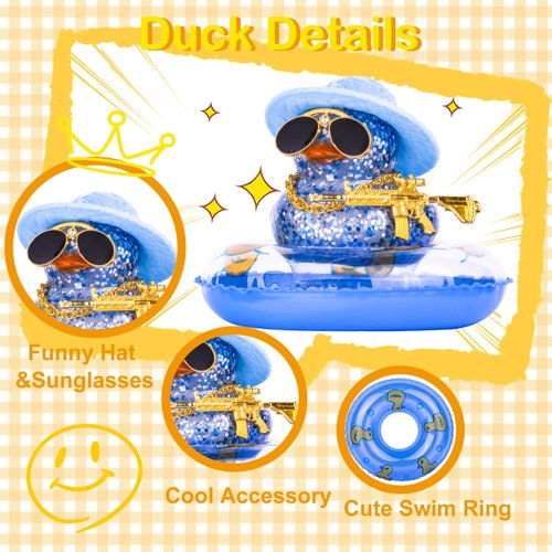 MuMyer Car Rubber Duck Ornament Colorful Duck Car Dashboard Decorations with Mini Hat Swim Ring Necklace Sunglasses and Cool Accessory for Car Dashboard Home Decor