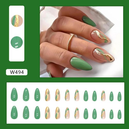 St Patrick's Day Press on Nails Medium Almond - WLGDLH Green Fake Nails Press Ons With Gold Ribbon Designs Fresh False Nails Full Cover Acrylic Nail Kit for Women Manicure 24 PCS