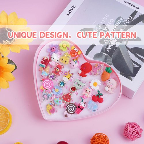 OSDUE 30 PCS Little Girl Jewel Rings, Adjustable, Duplicate-Free Boxed Play Rings for Kids, Pretend Play and Dress Up Rings for Girls Children'S Day/Birthday/Holiday Gifts for Girls Aged 3-12
