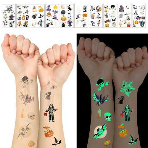Luminous Halloween Temporary Tattoos for Kids - 10 Sheets Halloween Glow In The Dark Tattoos for Boys and Girls, Bulk Halloween Prizes Treat or Trick Party Favor Goody Bag Stuffers