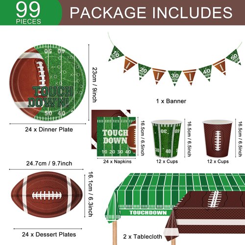 Football Party Supplies Kit Serve 24,Includes Dinner Plates, Dessert Plates, Napkins, Cups,Banner and Touchdown Tablecloth for Football Birthday Party Football Gameday Tailgate Party Decorations